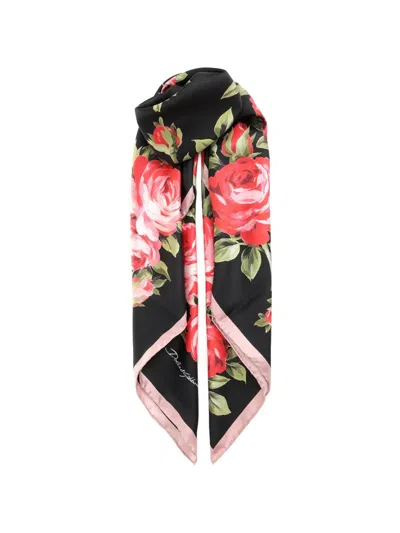 Dolce & Gabbana Multicolor Square Scarf With Floral Print In Silk Woman In Black