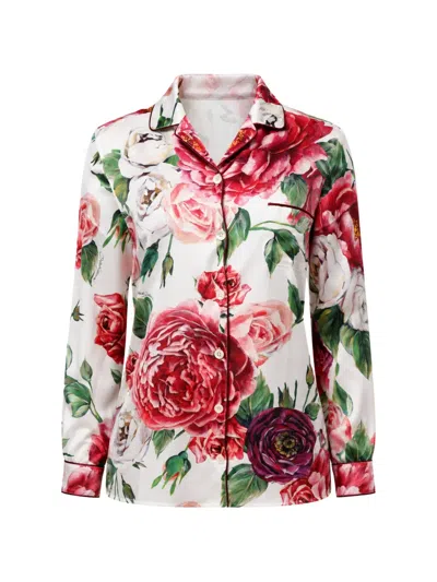 Dolce & Gabbana Peony Silk Long Sleeve Collared Blouse Top In Multi