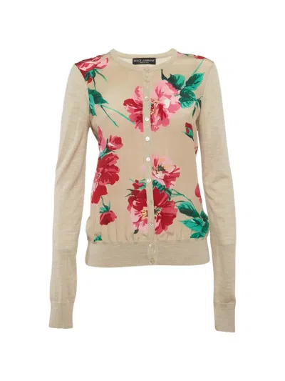 Pre-owned Dolce & Gabbana Floral-print Silk-panelled Cardigan In Neutral