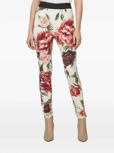 Pre-owned Dolce & Gabbana Floral-print Slim-fit Trousers In Neutrals