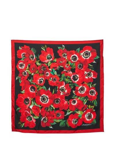 Pre-owned Dolce & Gabbana Floral-print Square Scarf In Red