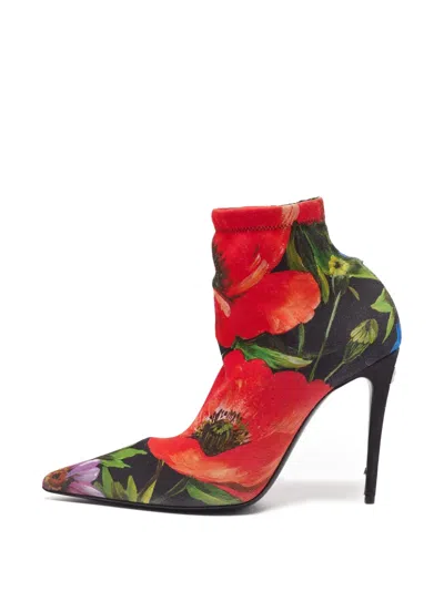 Pre-owned Dolce & Gabbana Floral-print Stretch-knit Ankle Boots In Black