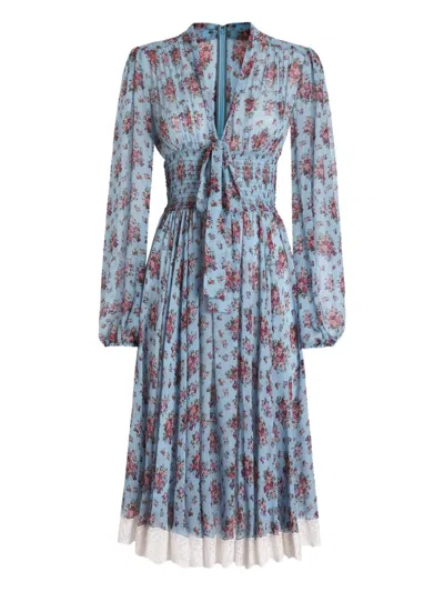 Dolce & Gabbana Abito Midi In Seta E Cotone Celeste Con Stampa Floreale E Trina Dolce E Gabbana In Multi