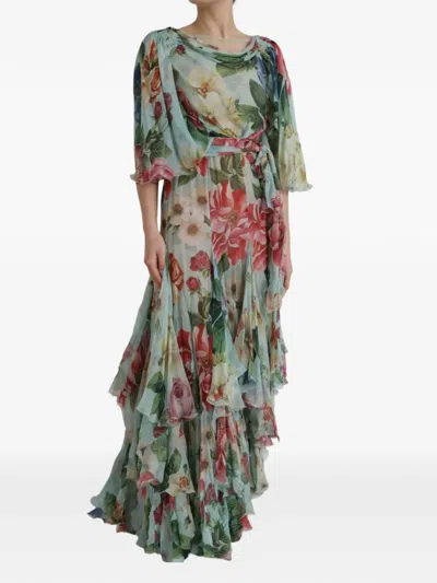 Dolce & Gabbana Floral-print Tiered Maxi Dress In Green