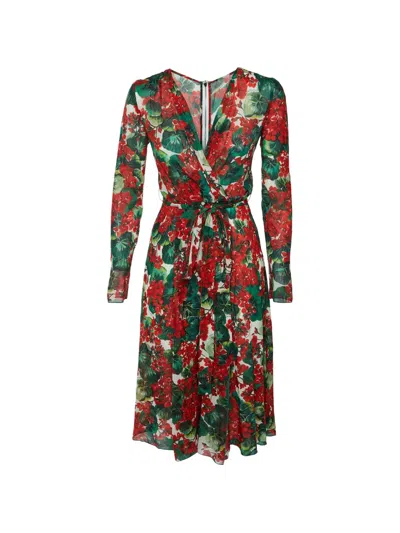 Pre-owned Dolce & Gabbana Floral-print V-neck Midi Dress In Red