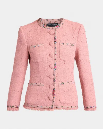 Dolce & Gabbana Floral-trim Boucle Single-breasted Jacket In Brown