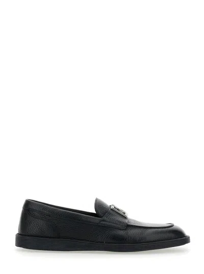 DOLCE & GABBANA 'FLORIO' BLACK LOAFERS WITH DG PLAQUE ON THE FRONT IN GRAINED LEATHER MAN