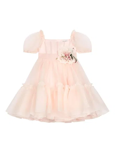 Dolce & Gabbana Kids' Flower-appliqué Silk-organza Dress In Pink