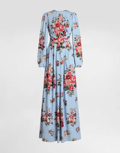 Dolce & Gabbana Flower Bouquet-print Charmeuse Dress In Blue