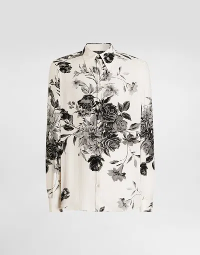 Dolce & Gabbana Flower Bouquet-print Gold Jacquard Shirt In White