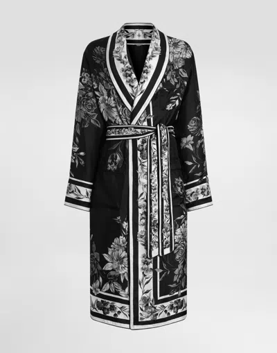 Dolce & Gabbana Flower Bouquet-print Jacquard Twill Robe In Black