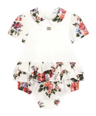 Dolce & Gabbana Kids' Flower Bouquet-print Jersey And Poplin Romper In Multi