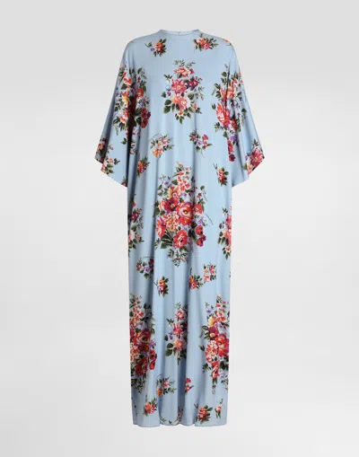 Dolce & Gabbana Flower Bouquet-print Long Charmeuse Dress In Blue