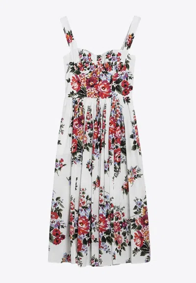 Dolce & Gabbana Flower Bouquet Print Midi Dress In White