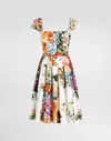 Dolce & Gabbana Floral Bouquet Popeline Cap-sleeve Pleated Dress In Multi
