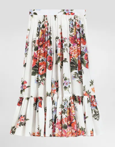 Dolce & Gabbana Kids' Flower Bouquet-print Poplin Skirt In White