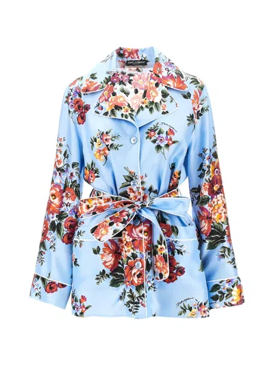 Dolce & Gabbana Flower Bouquet-print Silk Vanity Shirt In Blue