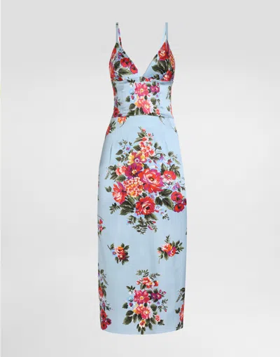 Dolce & Gabbana Flower Bouquet-print Satin Dress In Multi