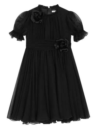 Dolce & Gabbana Kids' Flower-detailing Silk Dress In Black