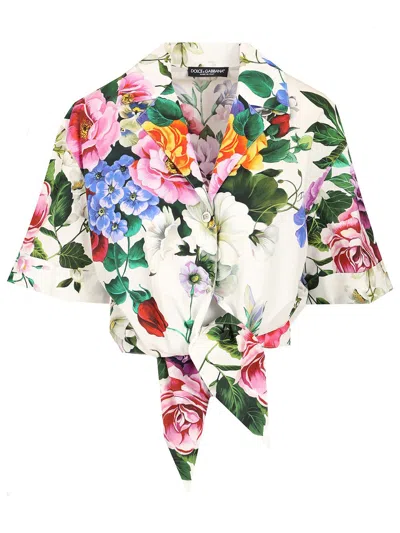 Dolce & Gabbana Printed Poplin Cropped Shirt In Multicolor