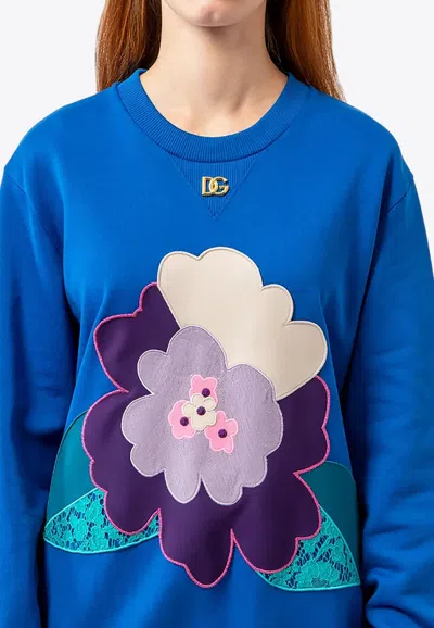 Dolce & Gabbana Flower Patch Dg Logo Sweatshirt In Blue
