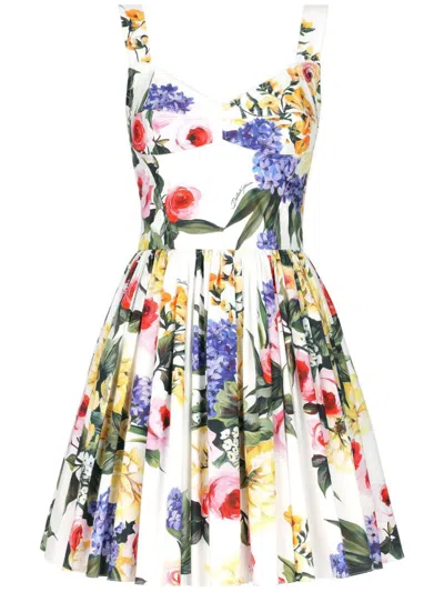 Dolce & Gabbana Flower Print Cotton Mini Dress In White