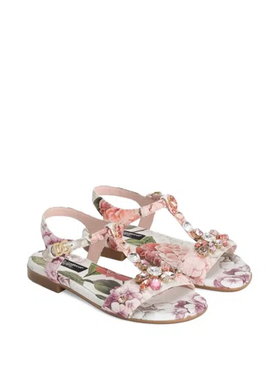Dolce & Gabbana Kids' Flower-print Cotton Sandals In White