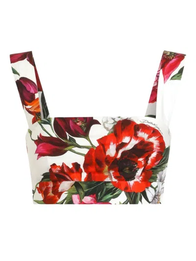 Dolce & Gabbana Flower Print Cotton Top In Black