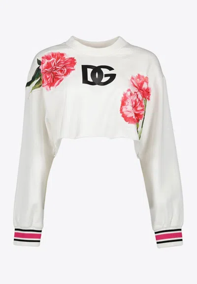 Dolce & Gabbana Flower Print Cropped Sweatshirt In White