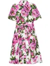 Dolce & Gabbana Pink Crewneck Dress With Logo Lettering Detail On The Front And All-over Floral Motif In Cotton Woma In Multicolor