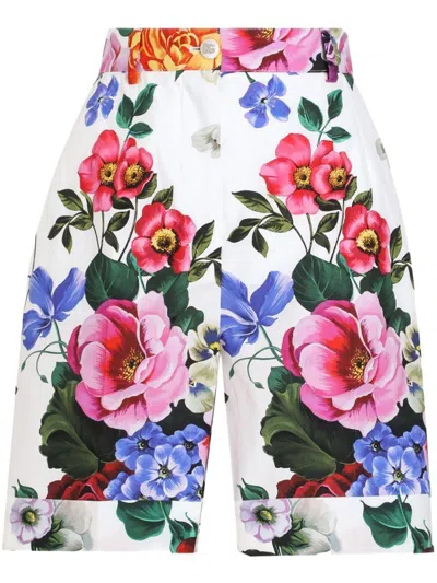 Dolce & Gabbana Flower Print High-waisted Cotton Bermudas In Multicolor