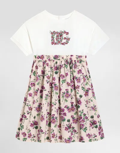 Dolce & Gabbana Flower-print Jersey And Poplin Dress In White