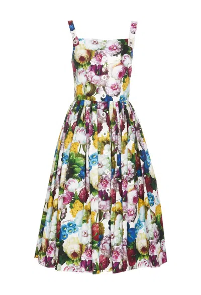 DOLCE & GABBANA MIDI MULTICOLOR DRESS WITH ALL-OVER FLOREAL PRINT AND FLARED SKIRT IN COTTON WOMAN