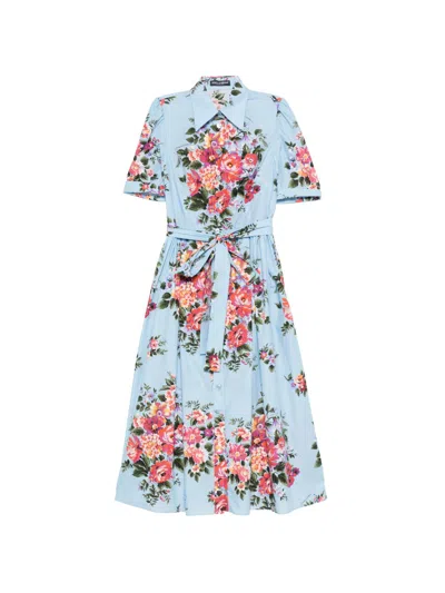 Dolce & Gabbana Women Blue Dress With Floral Print And Waist Knot In Cotton Woman