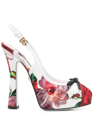 Dolce & Gabbana Flower Print Satin Pumps In Bianco/fiori