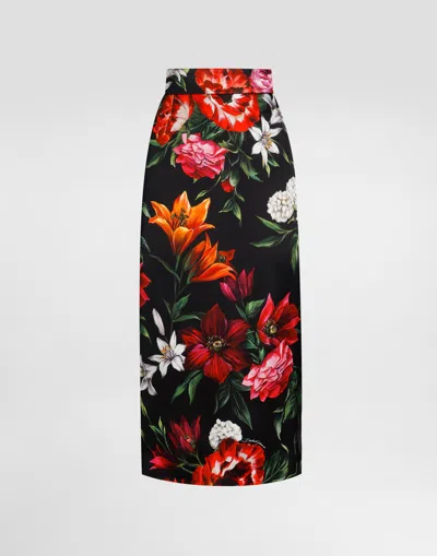 Dolce & Gabbana Flower-print Satin Skirt In Black