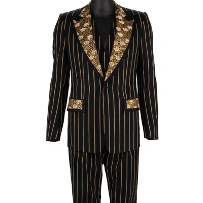 Pre-owned Dolce & Gabbana Flower Striped 3 Piece Jacquard Suit Jacket Gold Black 13675