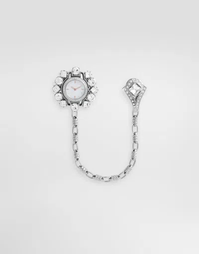 Dolce & Gabbana Flower Watch Brooch With Rhinestones In Silver