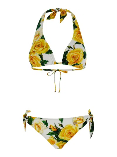 Dolce & Gabbana Flowering Triangle Two-piece Bikini Set In White