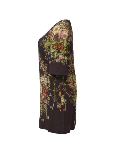 Pre-owned Dolce & Gabbana Flowers And Keys Printed Mini Dress In Brown