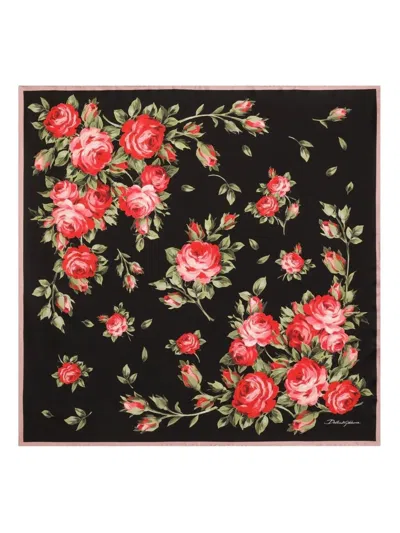Dolce & Gabbana 90x90 Cm Silk Twill Scarf With A Rose Bouquet Print In Animal Print