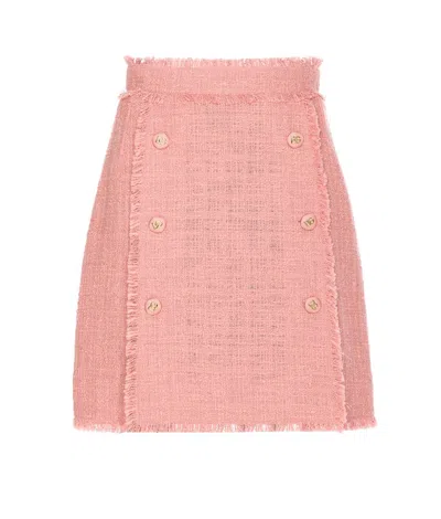 Dolce & Gabbana Pink Skirt With Logoed Buttons And Frayed Edges In Cotton Tweed Woman