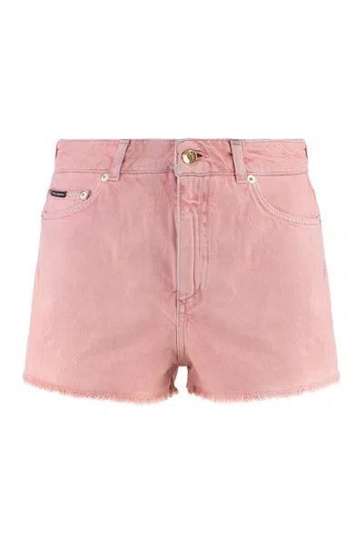 Dolce & Gabbana Frayed Hem Denim Shorts With Metal Buttons In Pink