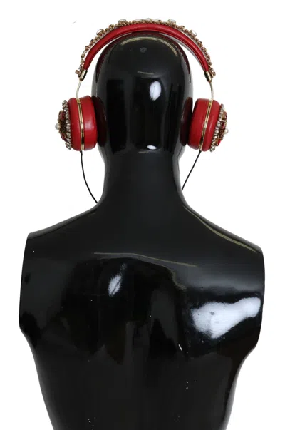 Dolce & Gabbana Frends Leather Red Floral Crystal Headset Headphones Accessory In Pink