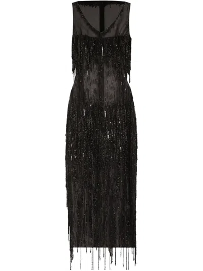 Dolce & Gabbana Fringed Midi Dress In Black