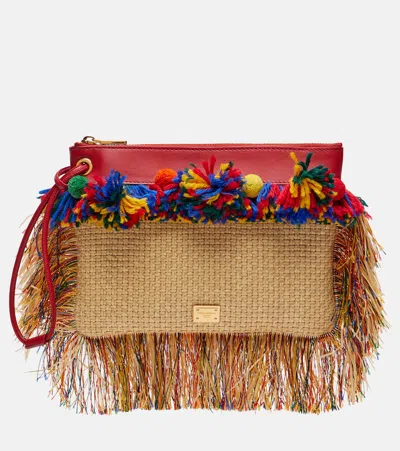Dolce & Gabbana Fringed Woven Leather-trimmed Pouch In Burgundy