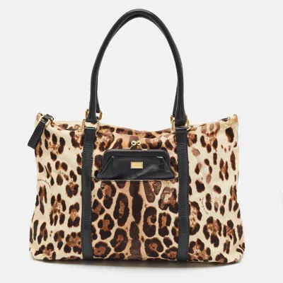 Pre-owned Dolce & Gabbana Front Pocket Black Leopard Print Calf Hair And Leather Tote