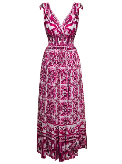 Dolce & Gabbana Fuchsia And White Long Sleeveless Dress With Majolica-print In Cotton Woman In Mix Maiolica Fuxia