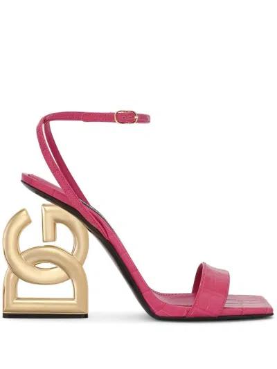 Dolce & Gabbana Fuchsia Heel Sandals With Gold Logo For Women, Spring-summer 2023 Collection In Magenta