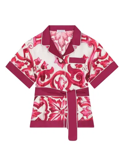 Dolce & Gabbana Kids' Red Majolica-print Belted Silk Shirt In White